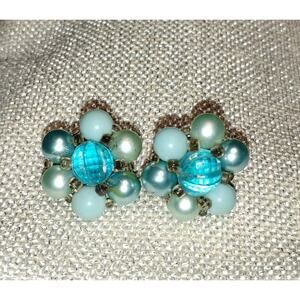 Vintage Signed Japan Aqua Glass Bead Cluster Clip-On Earrings – 1950s–1960s